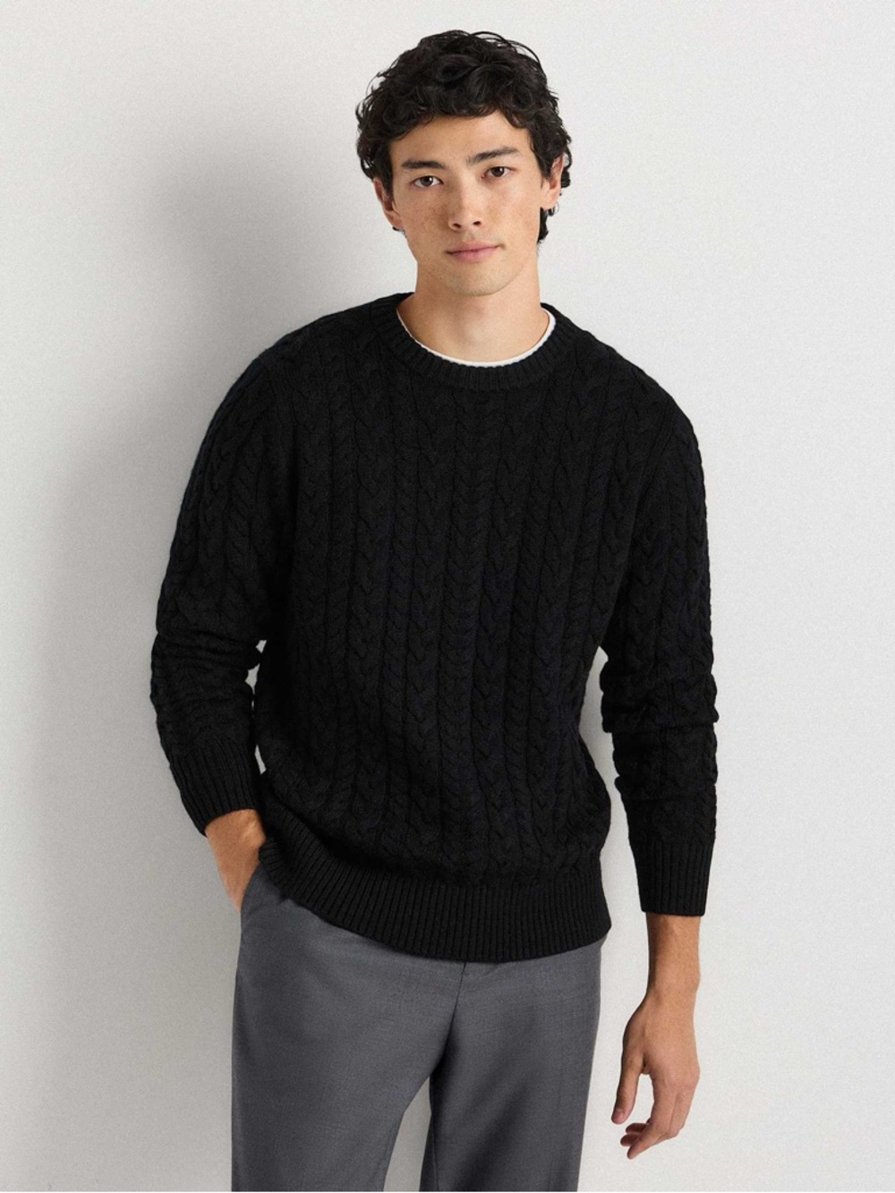 Quince Australian Merino Wool Cable Crewneck Sweater black
